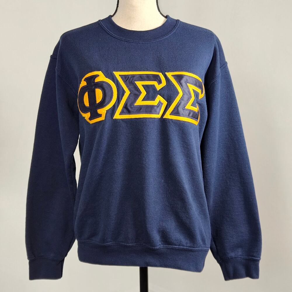 Phi Sigma Sigma Sorority Sweatshirt Crewneck Pullover‎ Blue Gold | Women's Small